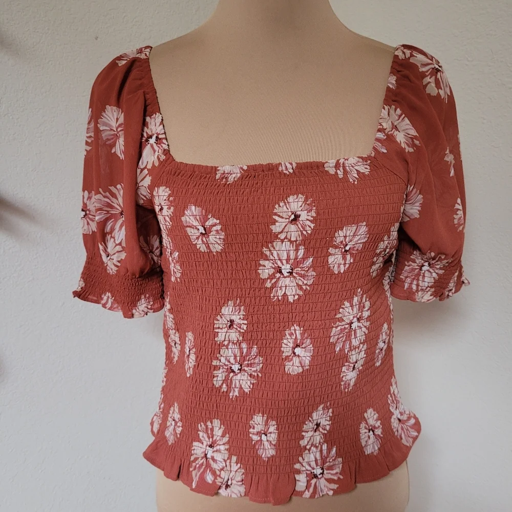 Madewell Floral Smocked Square Neck Top - Rust